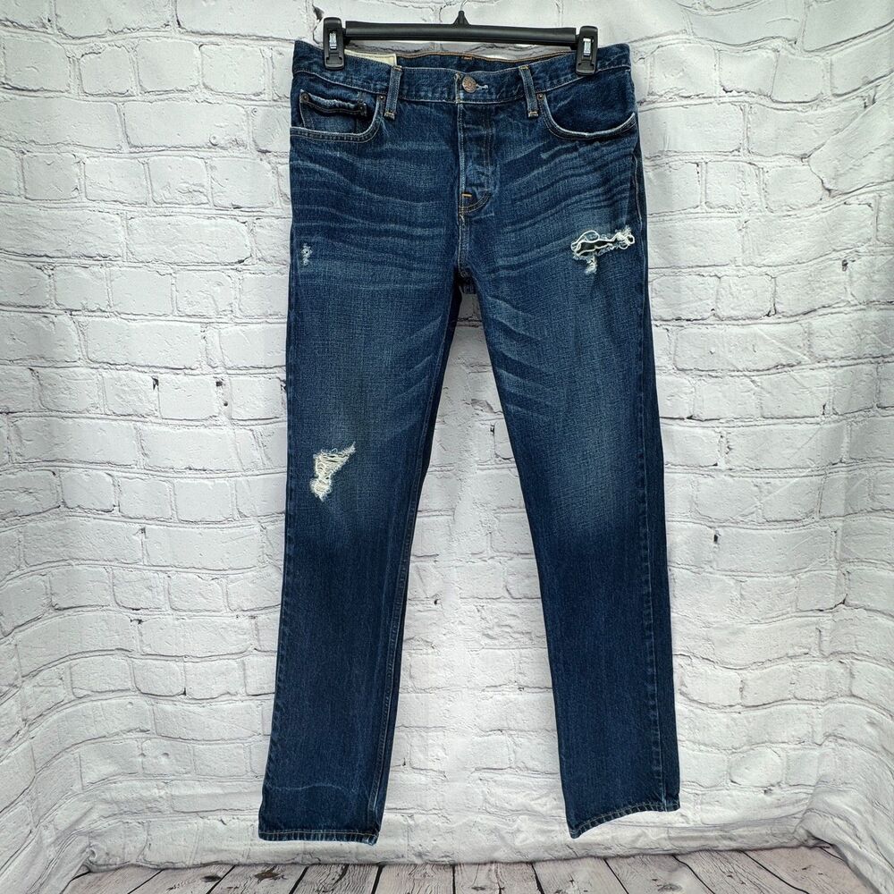 Hollister Slim Straight Men's Jeans 34x34 Blue Denim Button Fly Distressed